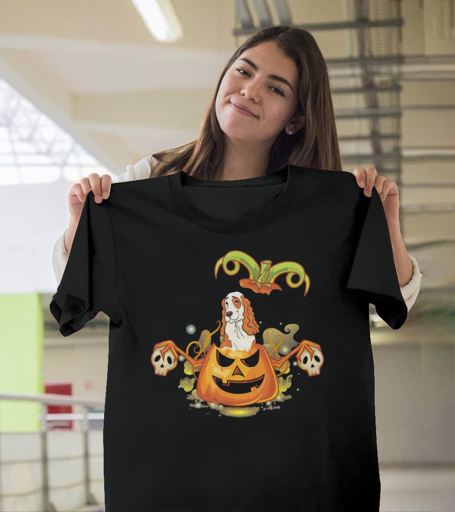 Cocker Spaniel Dog Halloween Pumpkin With Skulls T-Shirt