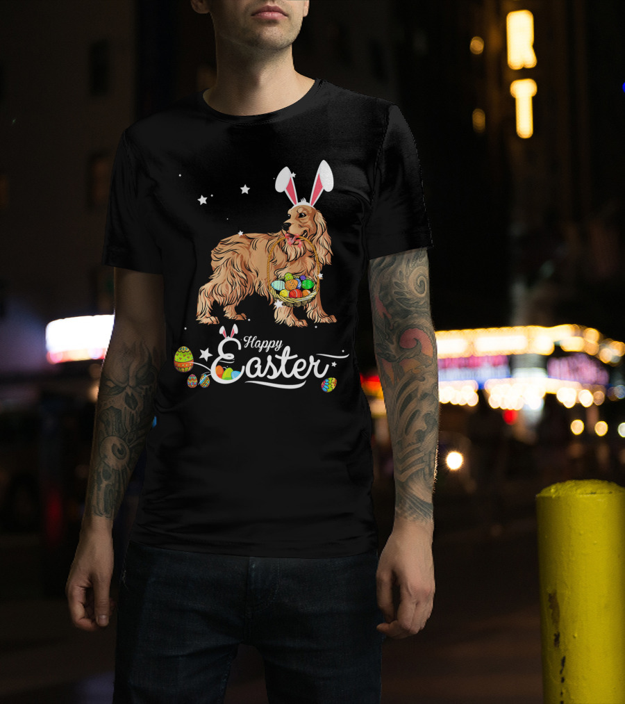 Cocker Spaniel With Bunny Hat Holding Easter Egg Basket Happy Easter T-Shirt