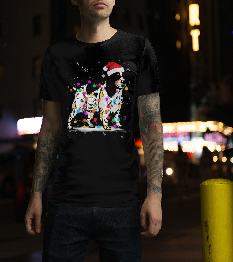 Cocker Spaniel Dog With Christmas Lights Santa Hat Snowflakes T-Shirt