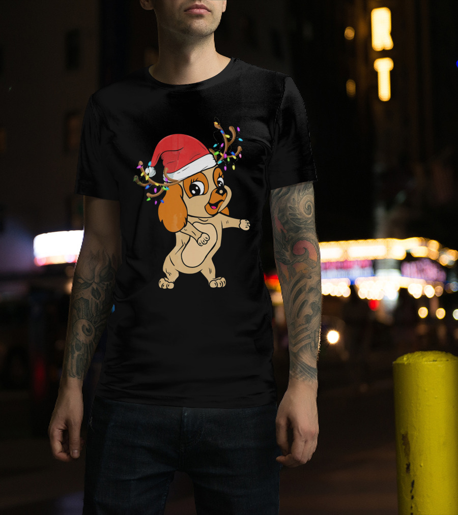 Cocker Spaniel Reindeer Christmas Funny Dog With Santa Hat And Festive Antlers T-Shirt