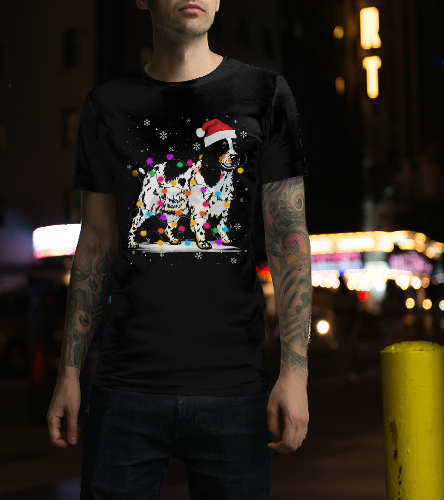Cocker Spaniel Santa Hat Christmas Lights Snowflakes T-Shirt