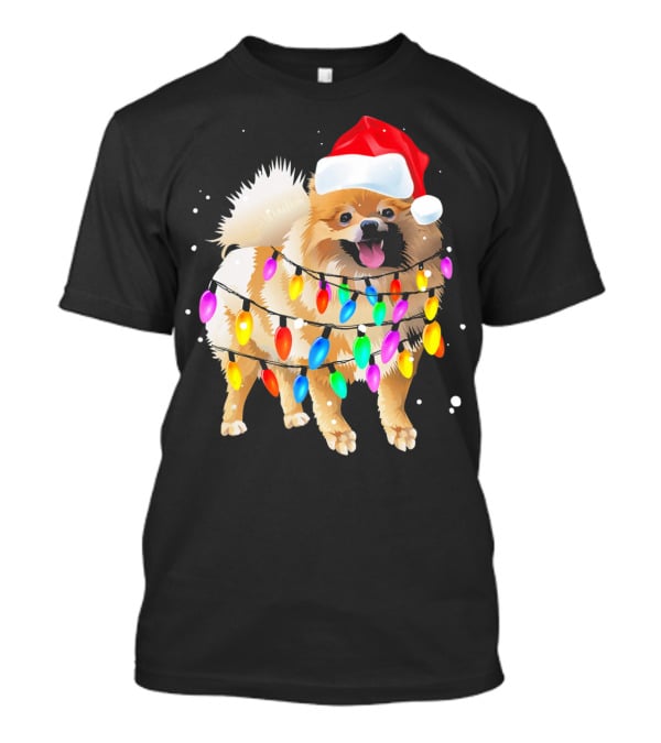 Pomeranian With Santa Hat And Colorful Christmas Lights T-Shirt