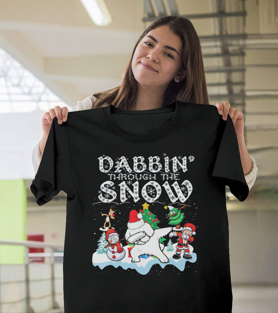 Dabbin Through The Snow Santa Maltese Dog Snowman Christmas Tree T-Shirt