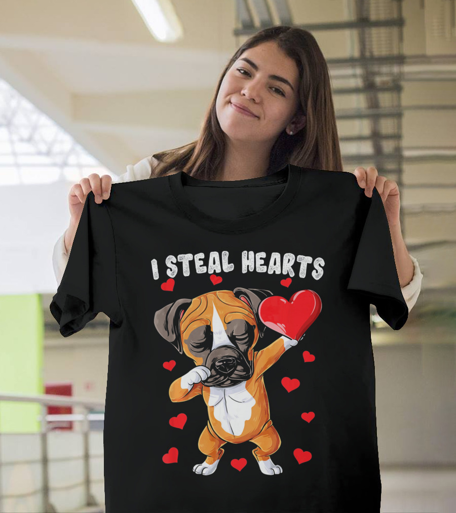 Dabbing Boxer Dog Holding Red Heart I Steal Hearts T-Shirt
