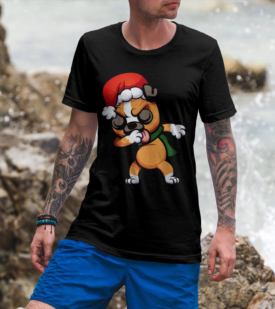 Dabbing Boxer Santa Dog Cartoon With Christmas Hat And Scarf T-Shirt