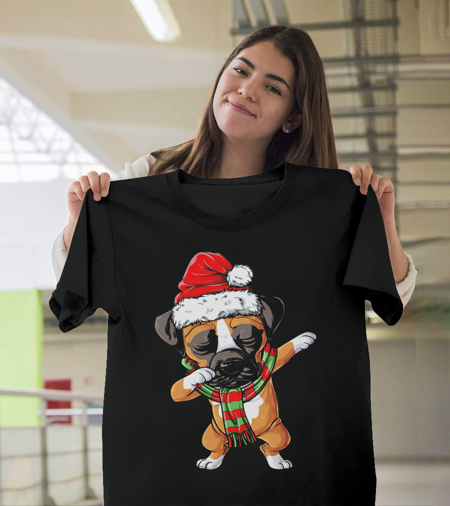 Boxer Dog Dabbing Santa Hat Christmas Scarf T-Shirt