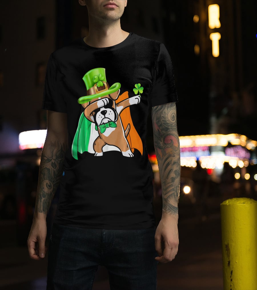 Lucky Boxer Dabbing With Irish Flag And Shamrock Hat T-Shirt