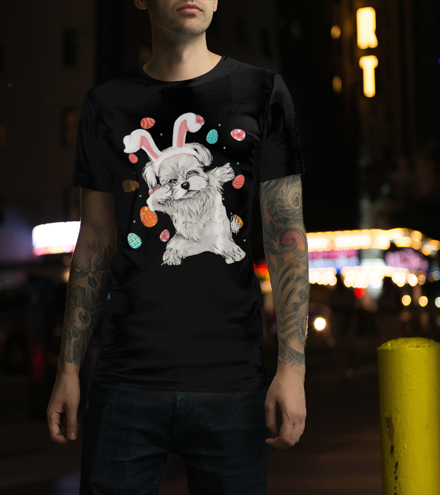 Dabbing Maltese Dog With Easter Bunny Ears And Colorful Eggs T-Shirt
