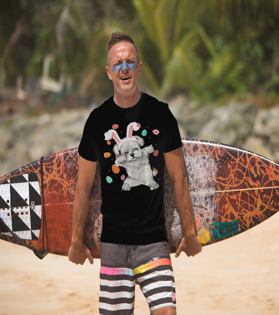 Dabbing Maltese Dog With Easter Bunny Ears And Colorful Eggs T-Shirt