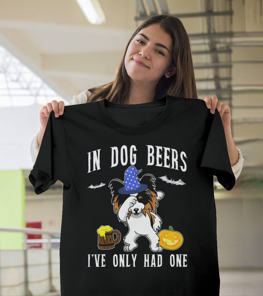 In Dog Beers I've Only Had One Halloween Papillon with Witch Hat and Beer Mug T-Shirt