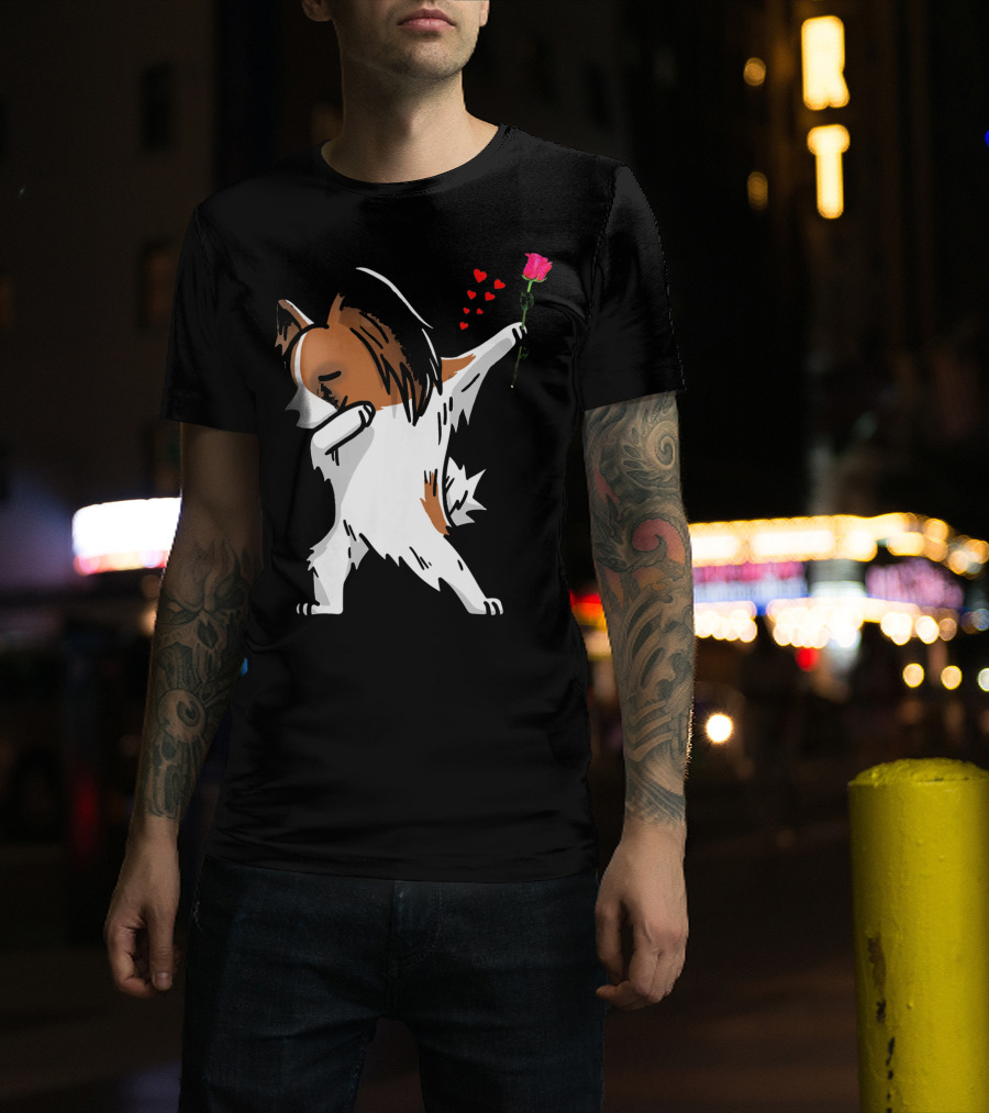 Dabbing Papillon Dog Holding Rose With Hearts For Valentines Day T-Shirt