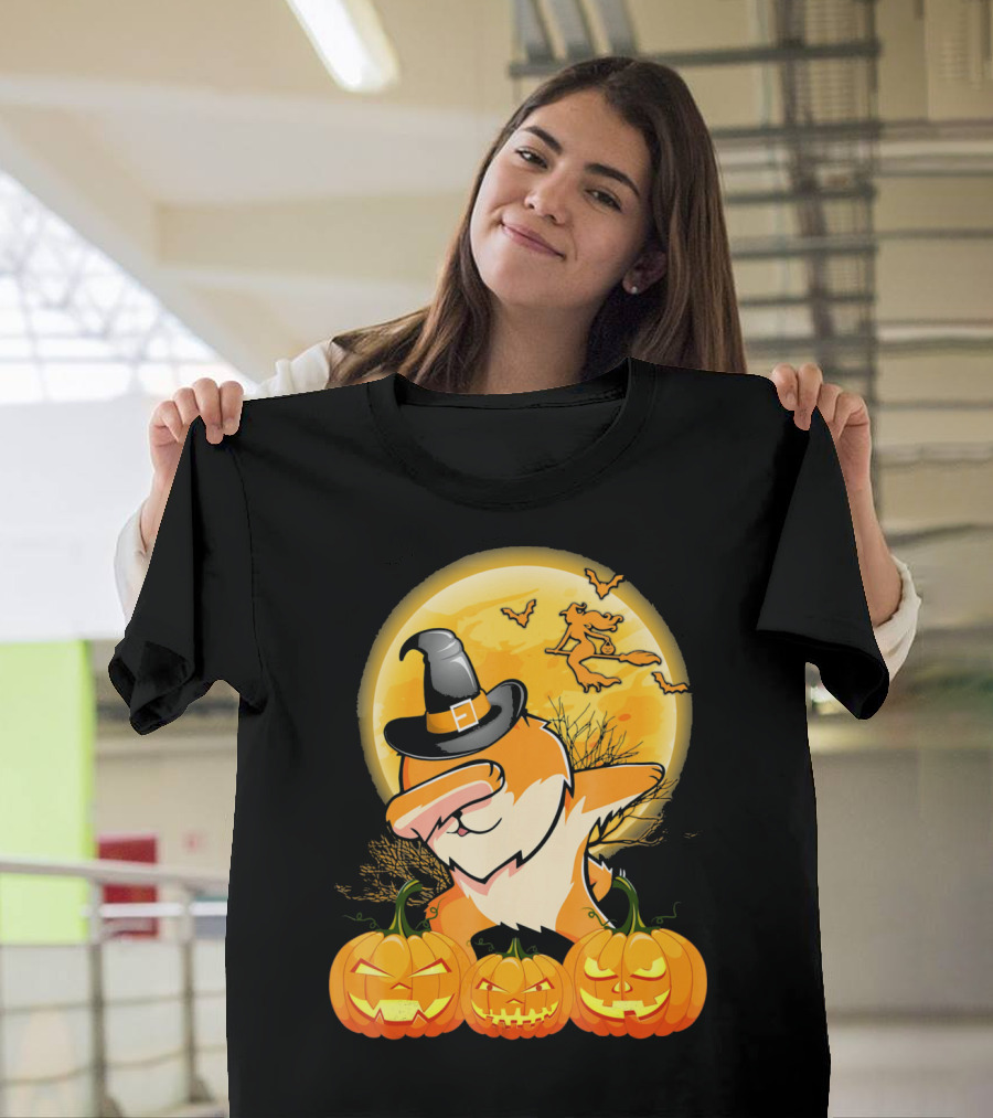 Dabbing Pomeranian Dog Halloween Pumpkin Witch Moon T-Shirt