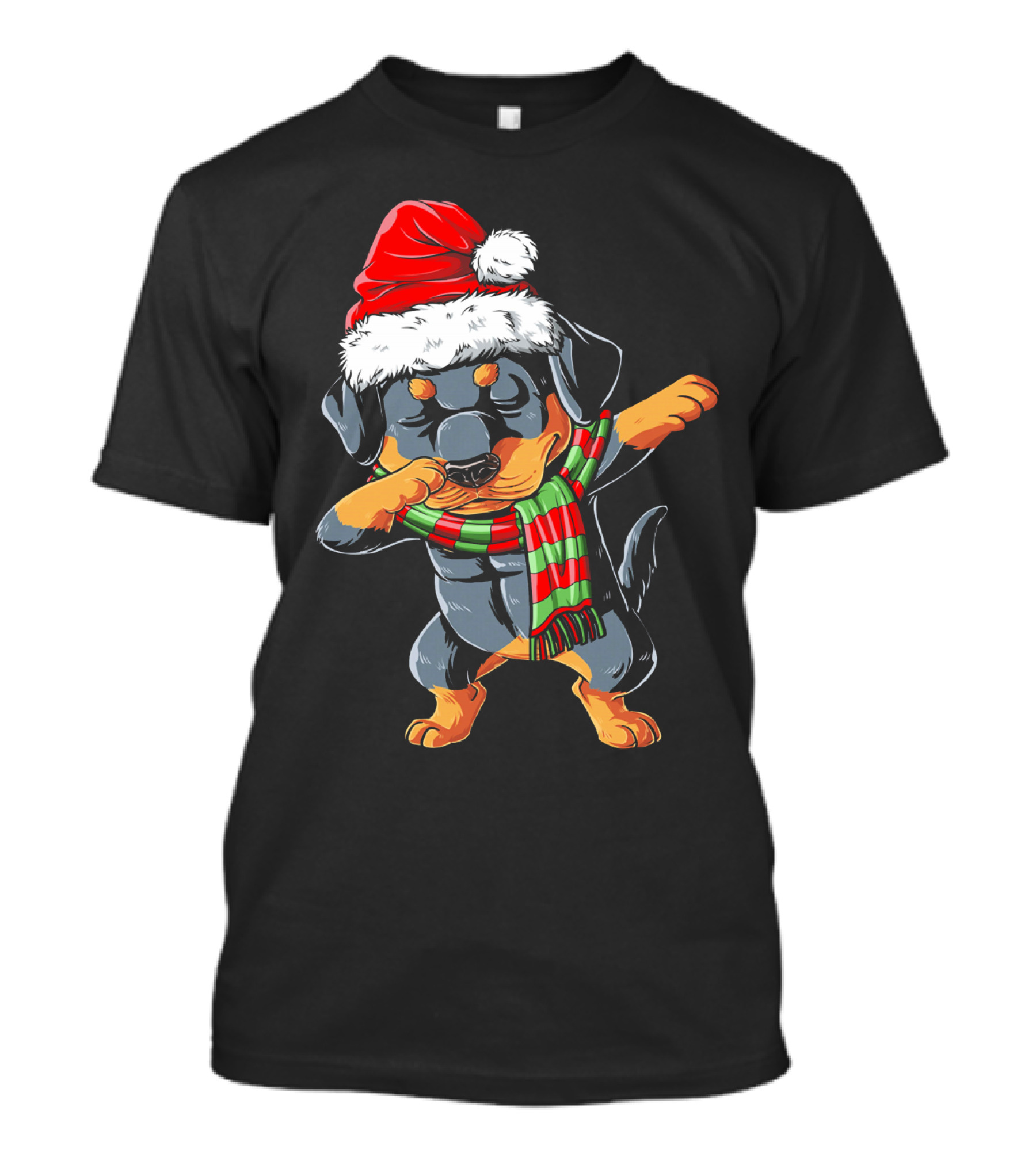 Dabbing Rottweiler Santa With Christmas Hat And Scarf T-Shirt