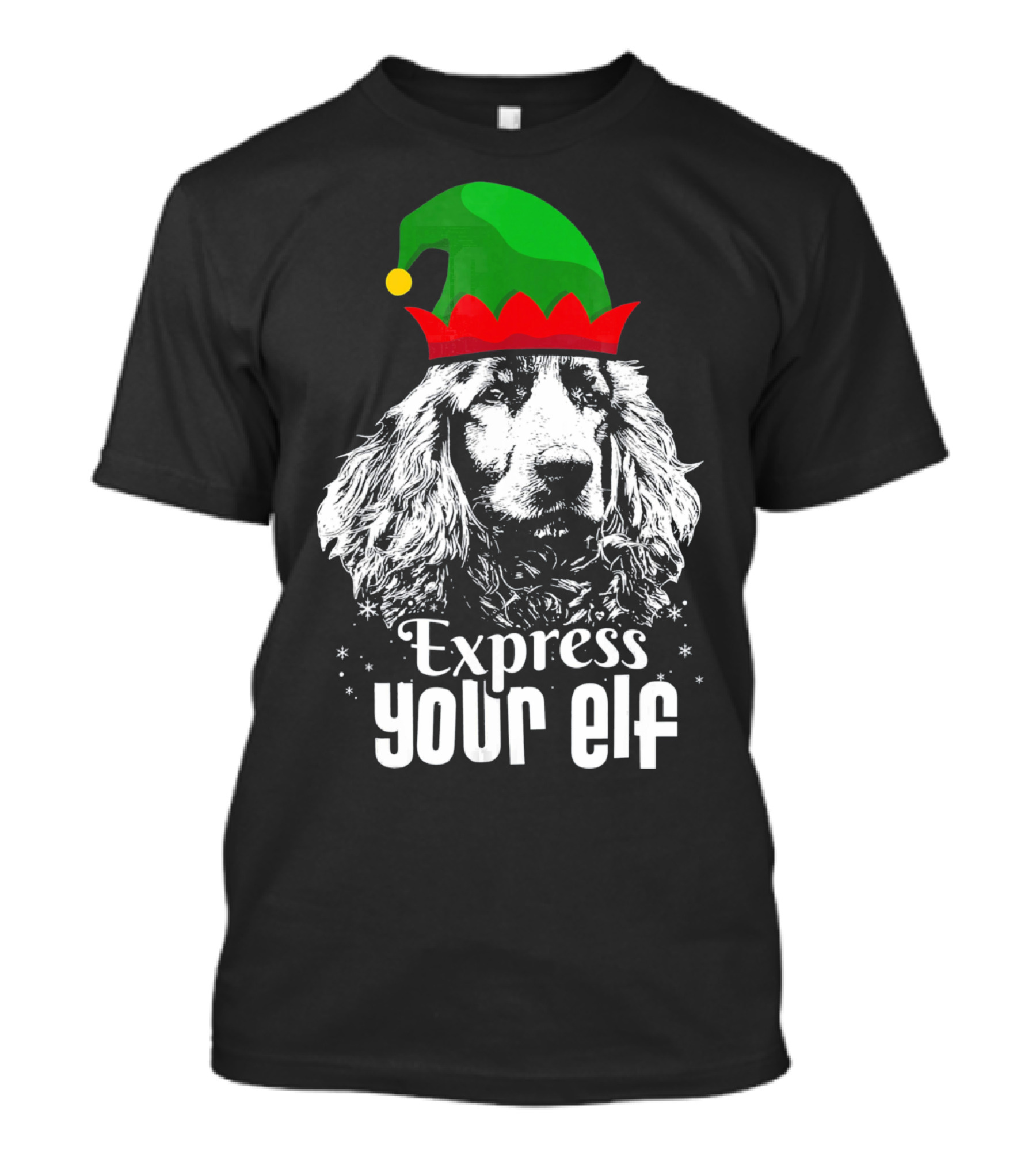 Express Your Elf English Cocker Spaniel Christmas Dog Wearing Green And Red Elf Hat T-Shirt