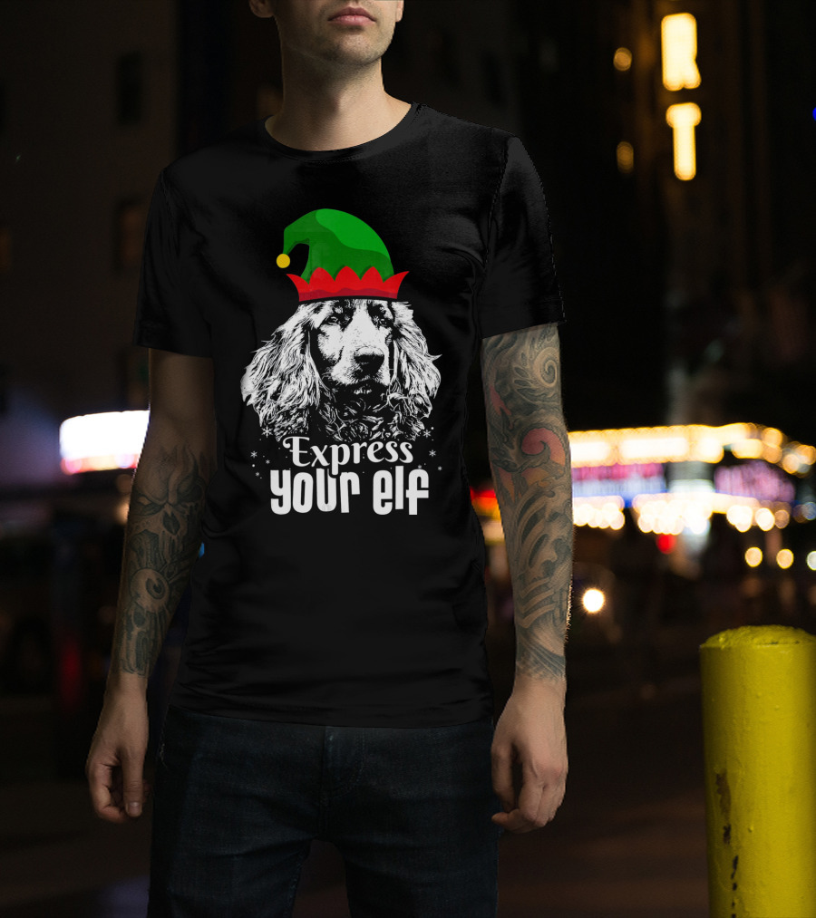 Express Your Elf English Cocker Spaniel Christmas Dog Wearing Green And Red Elf Hat T-Shirt