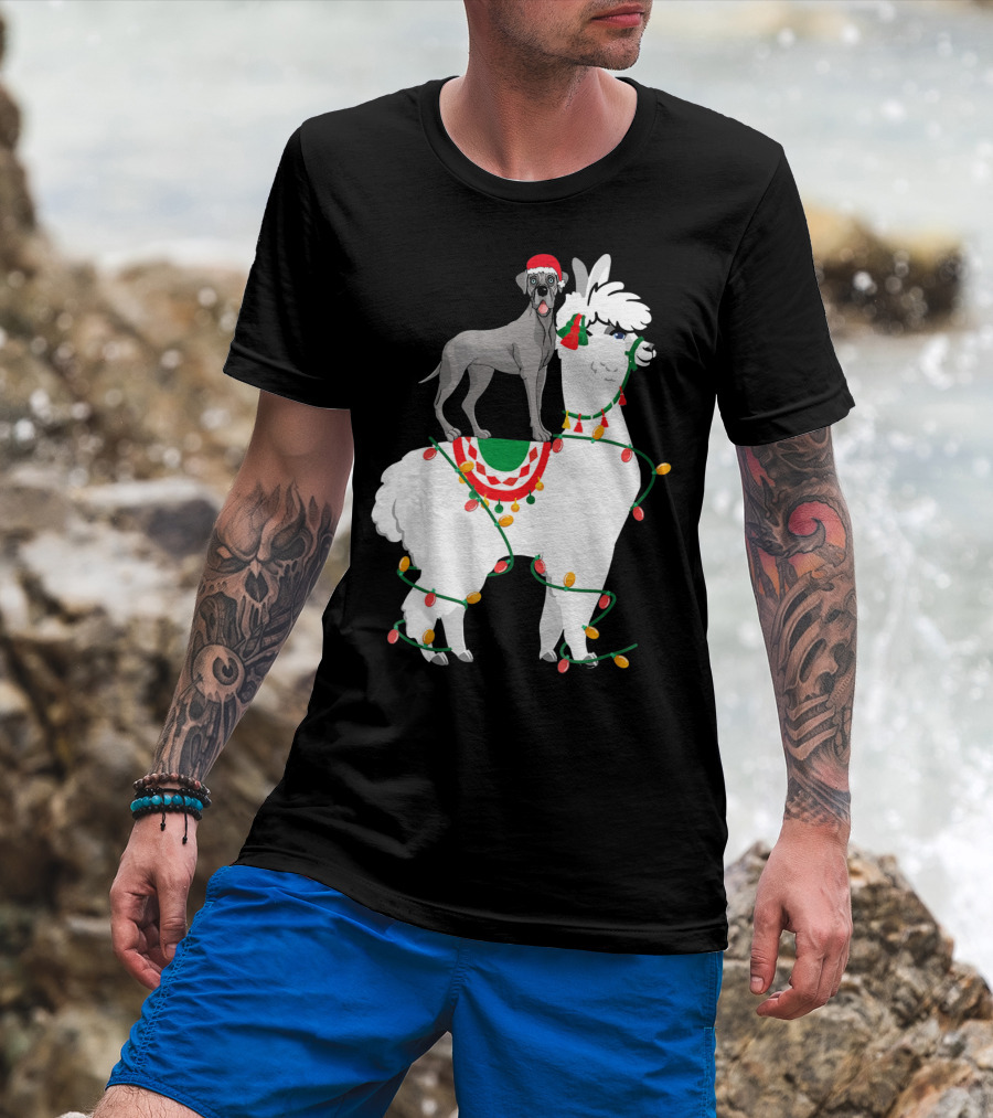 Fa La LLAMA Great Dane With Santa Hat On Llama Christmas Lights T-Shirt