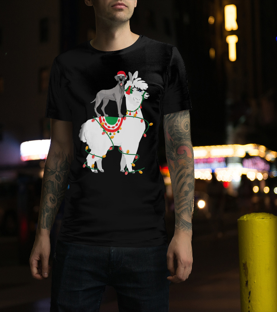 Fa La LLAMA Great Dane With Santa Hat On Llama Christmas Lights T-Shirt