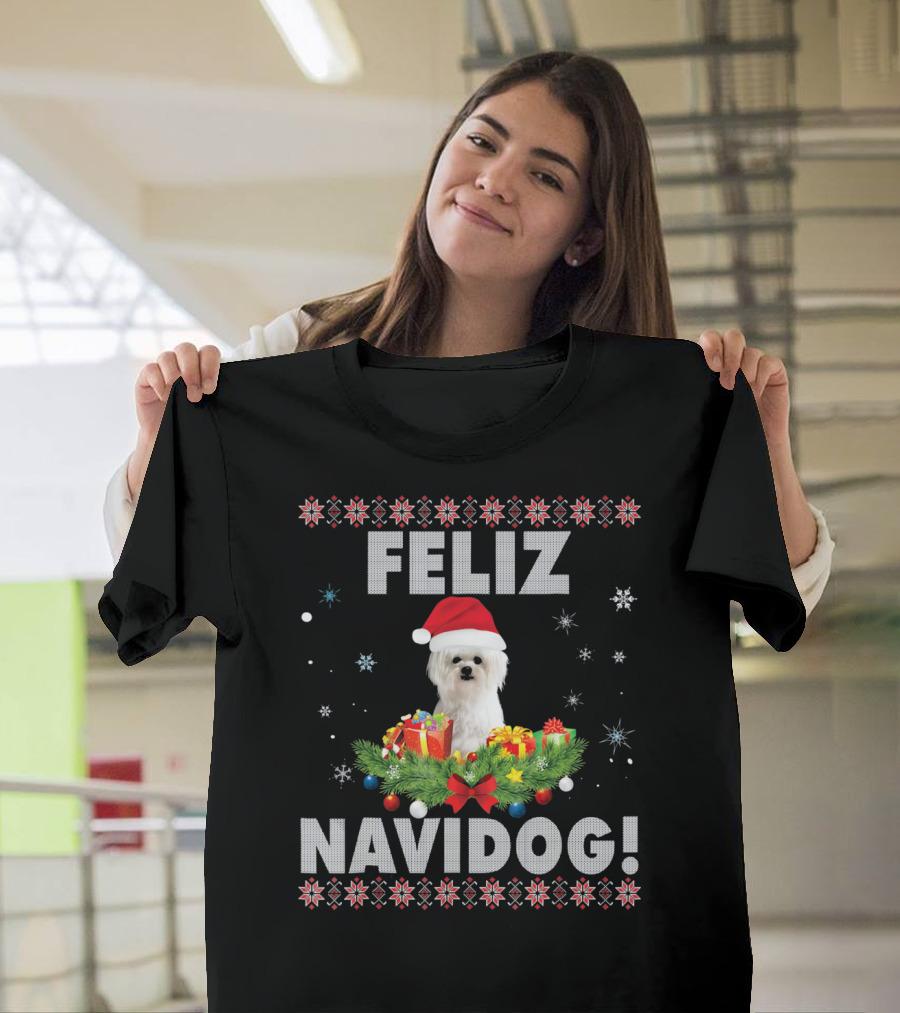 Feliz Navidog Maltese Dog Christmas Santa Hat Holiday Festive T-Shirt