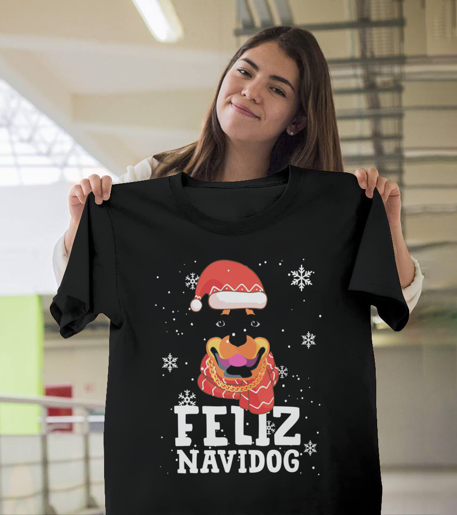 Feliz Navidog Rottweiler Christmas Santa Hat Snowflakes Ugly Sweaters T-Shirt