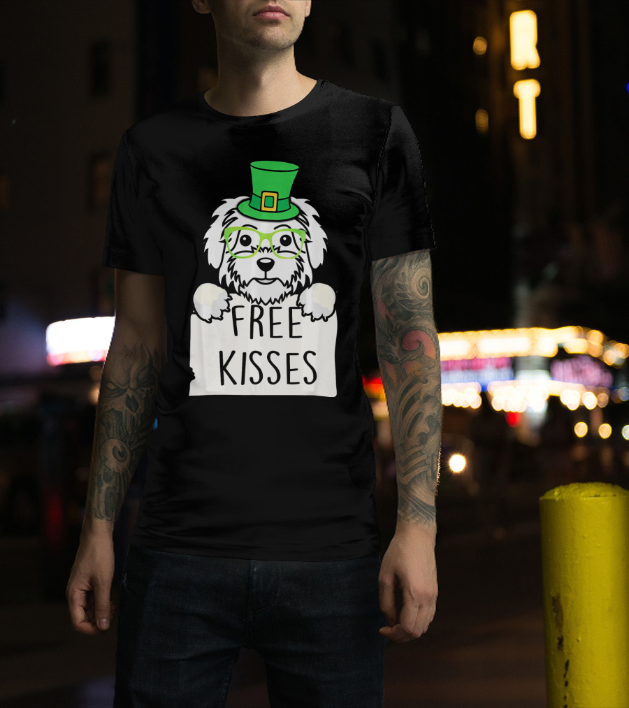 Free Kisses Maltese Dog With Green Leprechaun Hat St Patricks T-Shirt