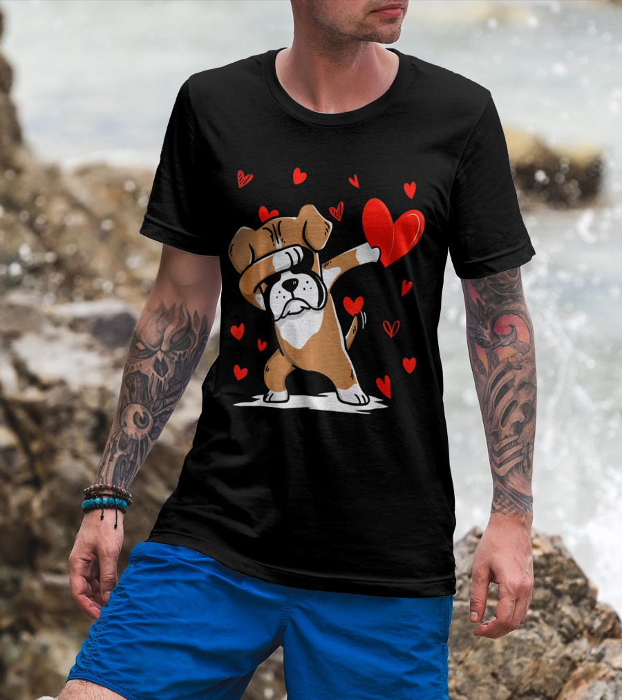 Dabbing Boxer Dog Holding Heart With Valentines Day T-Shirt