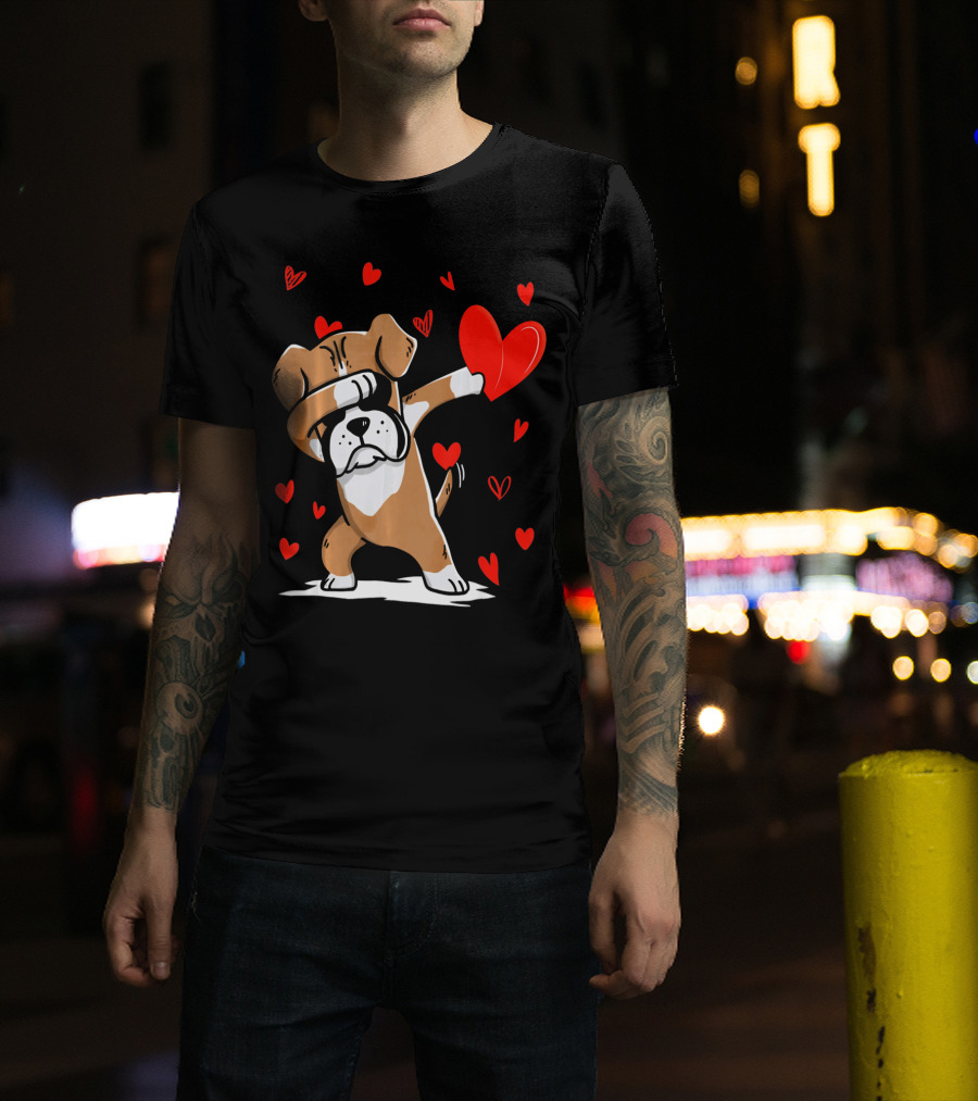 Dabbing Boxer Dog Holding Heart With Valentines Day T-Shirt