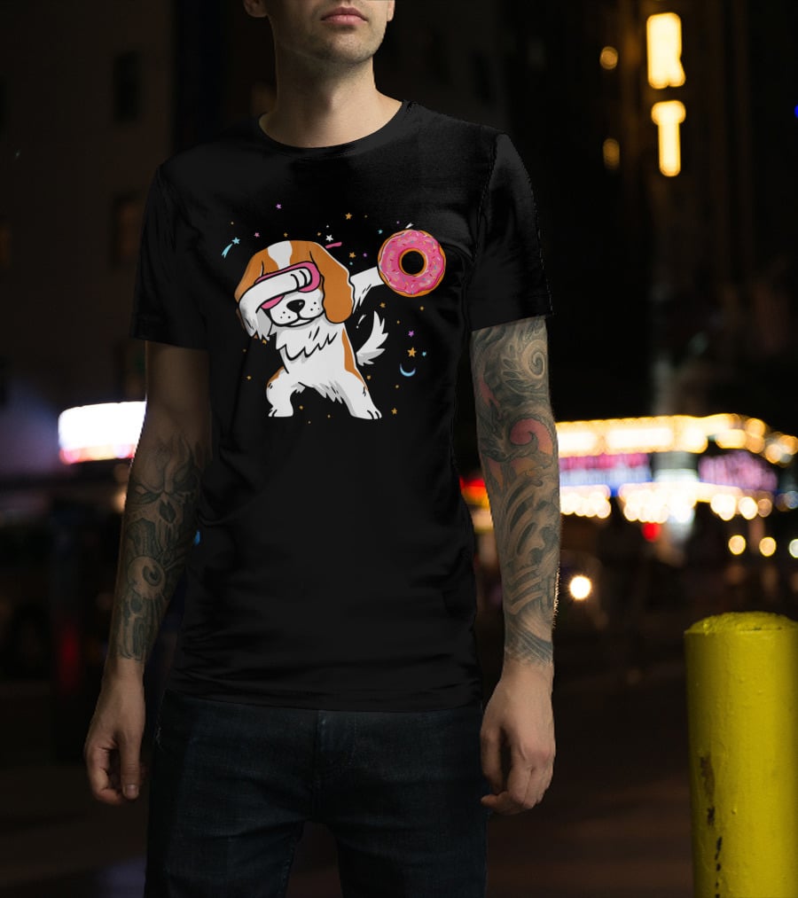 Funny Dabbing Cavalier King Charles Spaniel With Pink Frosted Donut T-Shirt