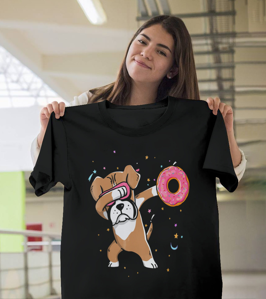 Funny Donut Day Dabbing Boxer with Sprinkled Donut in Stars and Moon T-Shirt