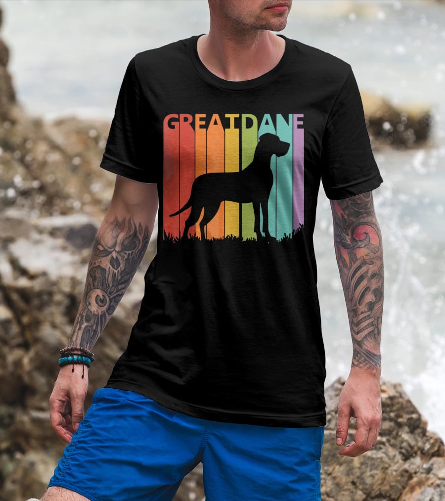 Great Dane Dog Silhouette Retro Rainbow Stripes T-Shirt