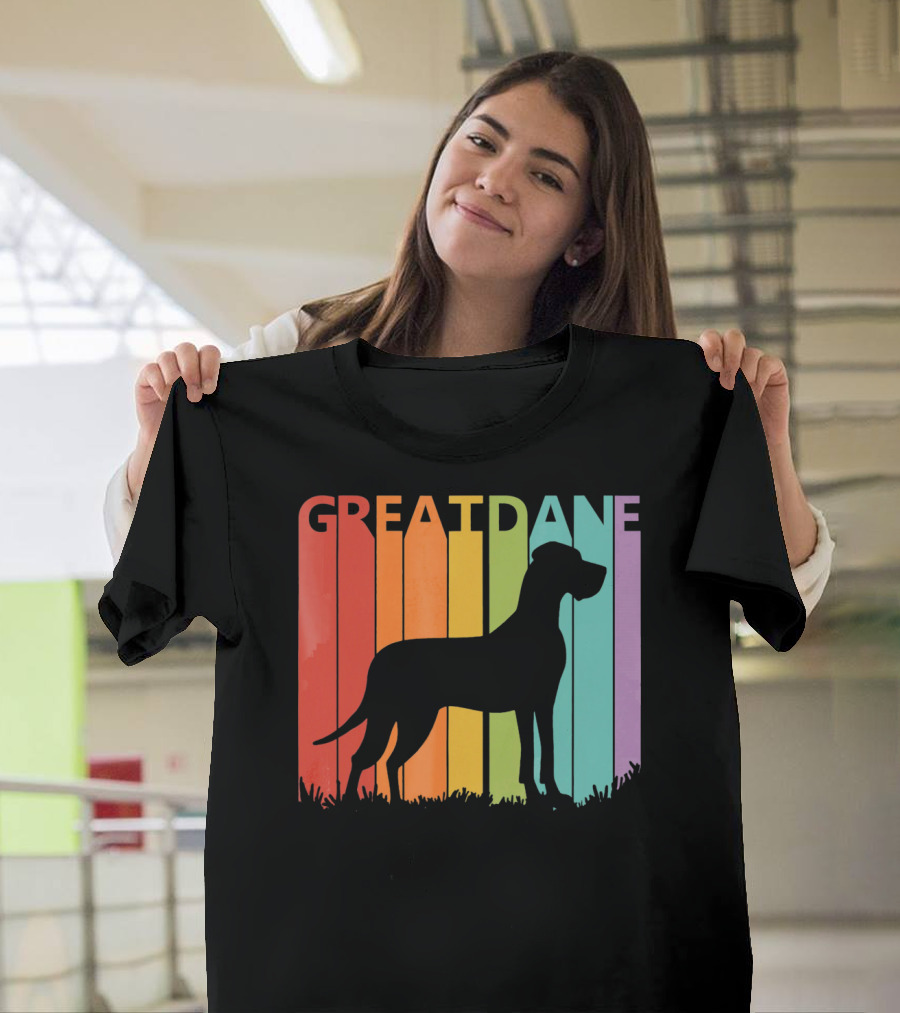 Great Dane Dog Silhouette Retro Rainbow Stripes T-Shirt