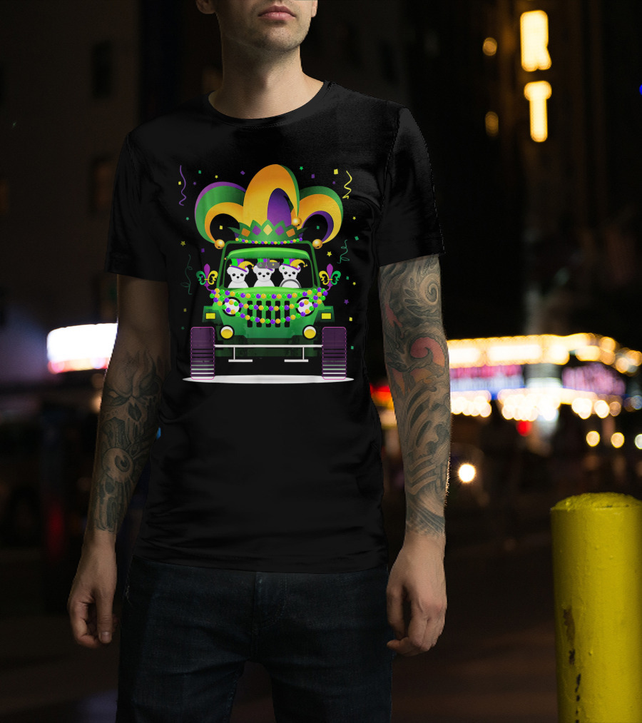Mardi Gras Maltese Dogs Riding Jeep With Colorful Hat And Beads T-Shirt