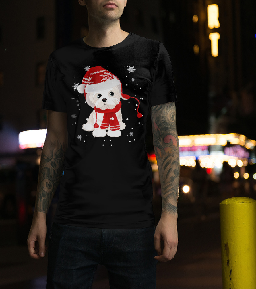 Funny Maltese Santa Hat Scarf Ugly Snowflakes T-Shirt