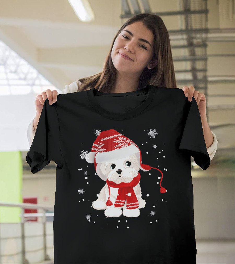 Funny Maltese Santa Hat Scarf Ugly Snowflakes T-Shirt