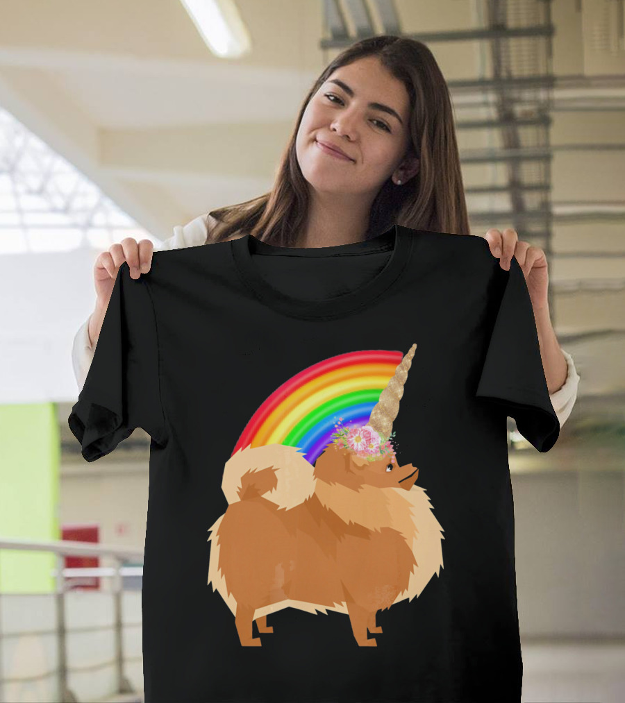 Pomeranian Rainbow Unicorn Dog with Floral Horn and Doodle Elements T-Shirt