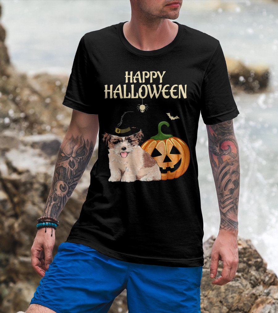 Happy Halloween Shih Tzu With Pumpkin And Witch Hat T-Shirt