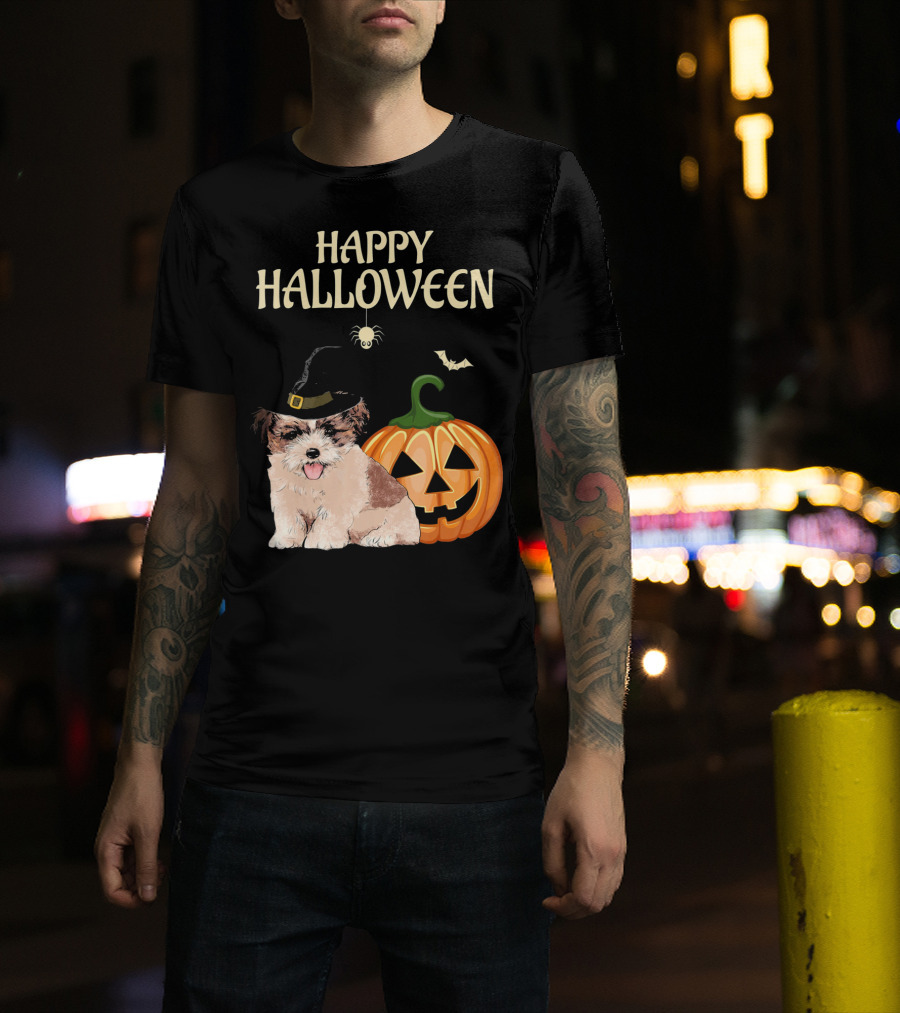 Happy Halloween Shih Tzu With Pumpkin And Witch Hat T-Shirt