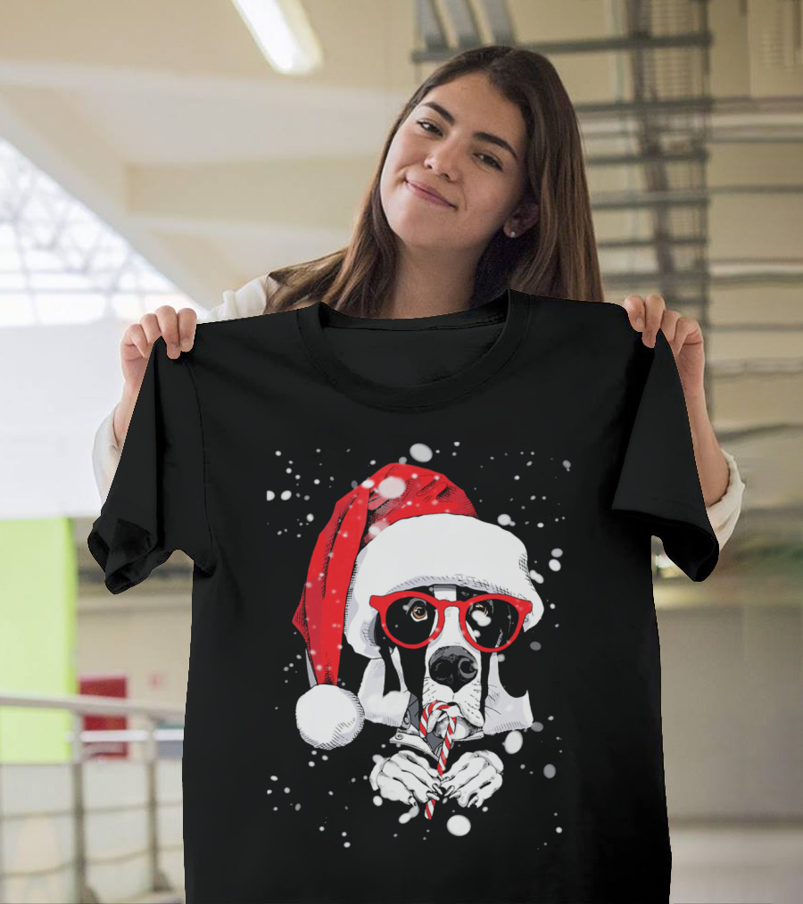 Great Dane Licking Candy Cane With Santa Xmas Hat And Red Glasses Snowflakes T-Shirt