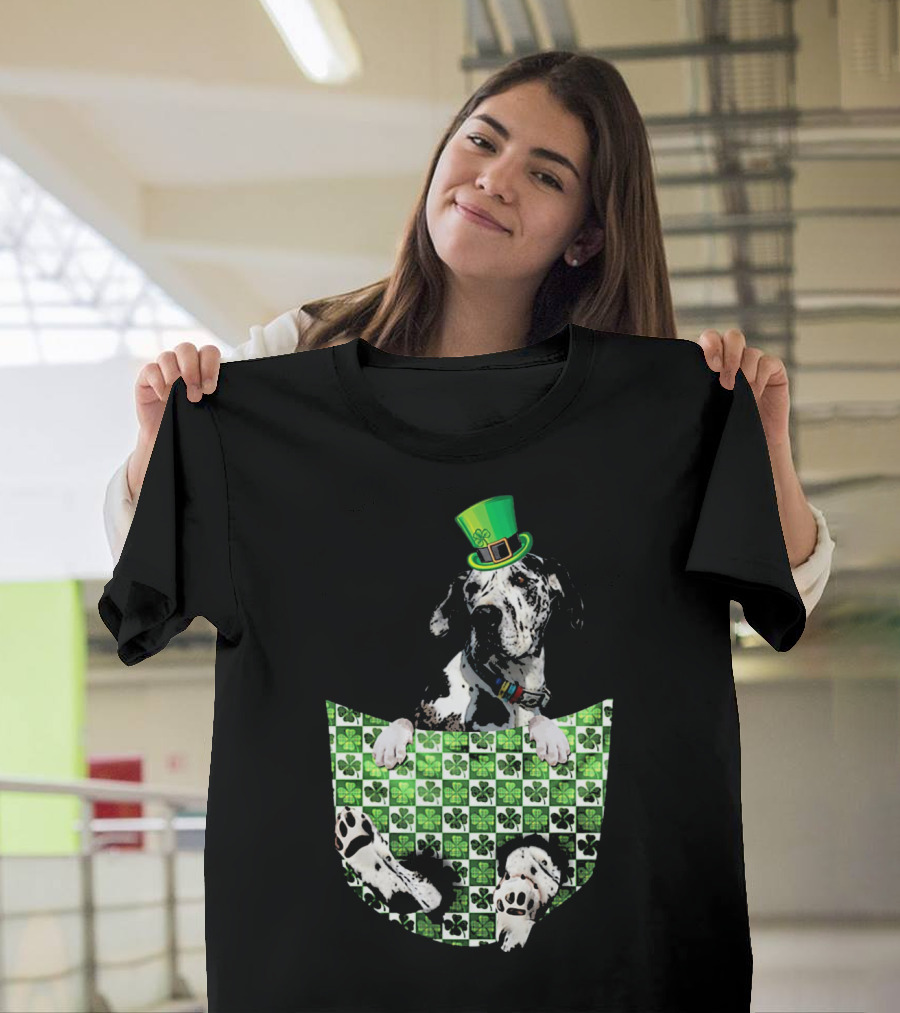 Great Dane in Pocket with Green Shamrock Patrick Hat T-Shirt