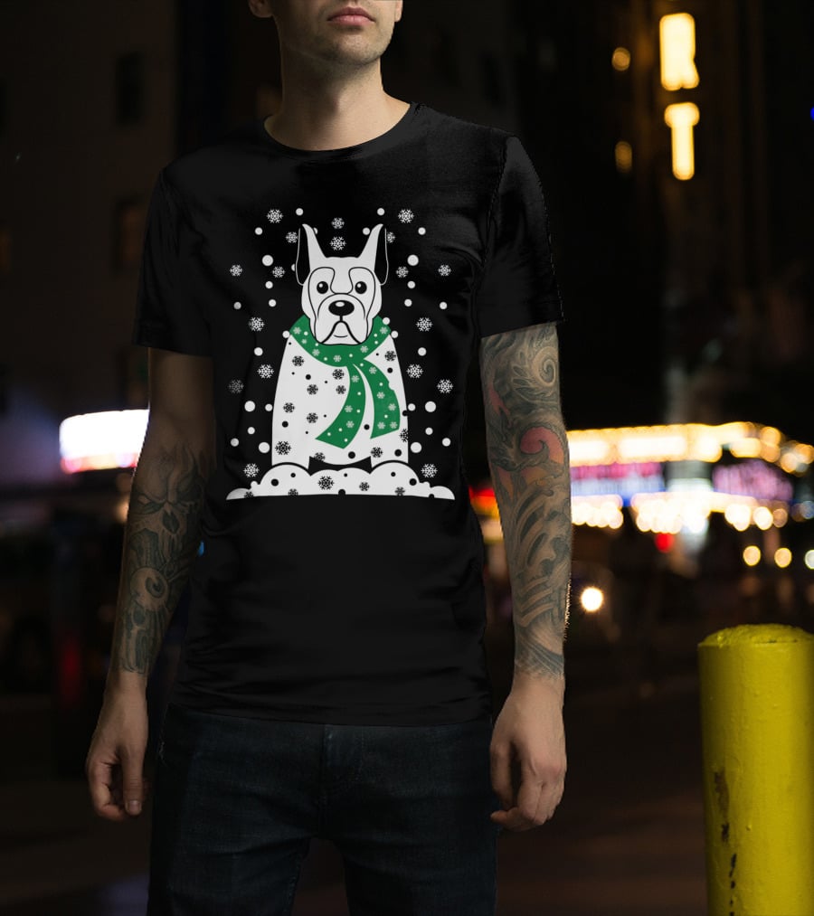 Great Dane Snowman With Green Scarf And Falling Snowflakes T-Shirt
