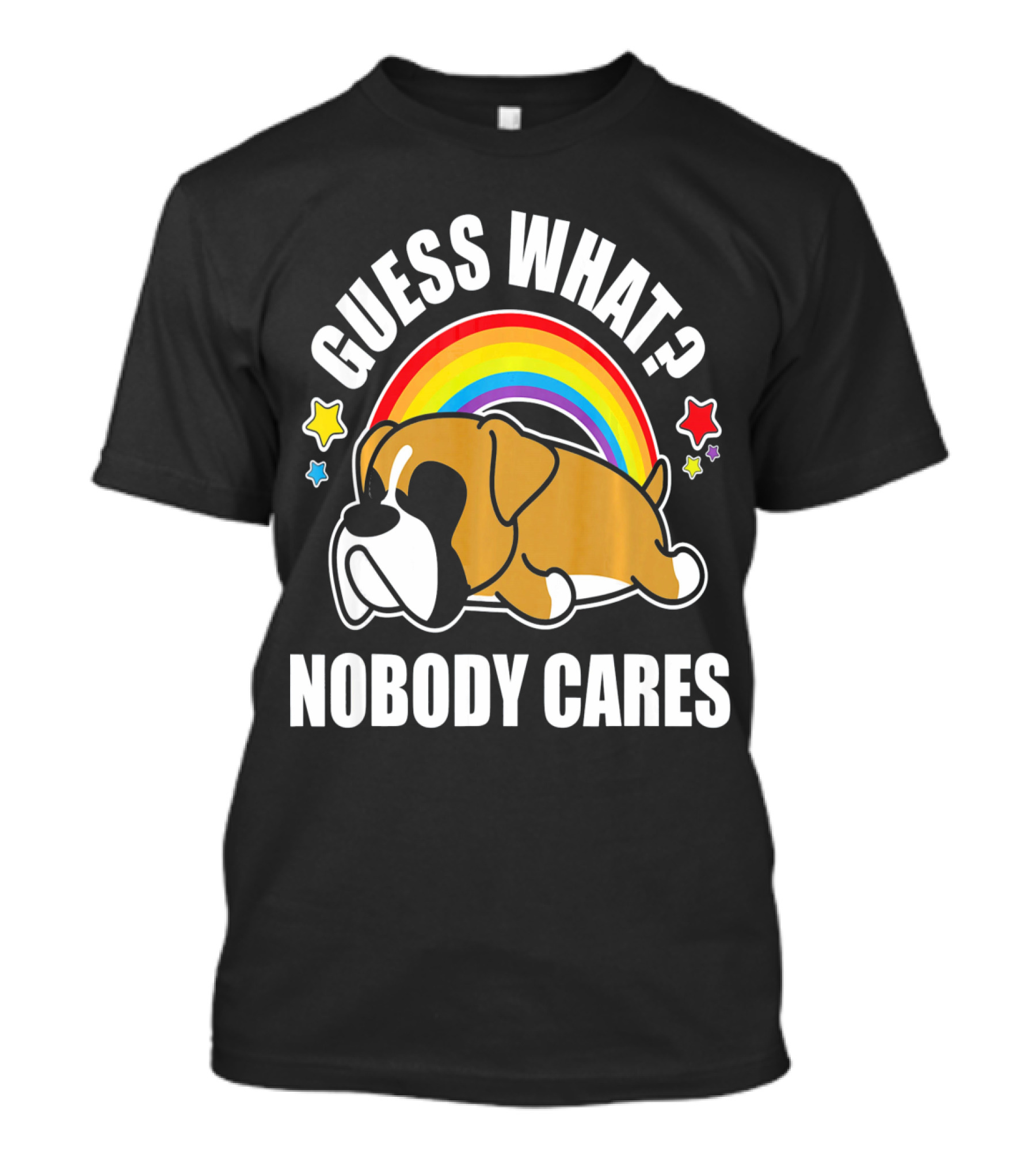 Guess What Nobody Cares Funny Meme Boxer Dog Rainbow Stars T-Shirt