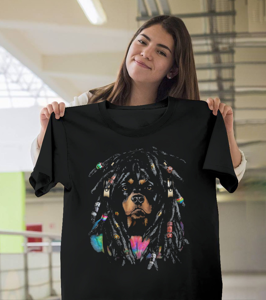 Rottweiler Dog with Dreadlocks Wearing Reggae Accessories T-Shirt