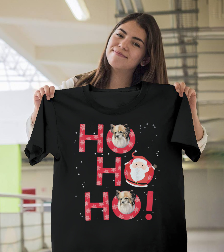 Ho Ho Ho Papillon Dog Santa's Laugh With Snowflakes T-Shirt