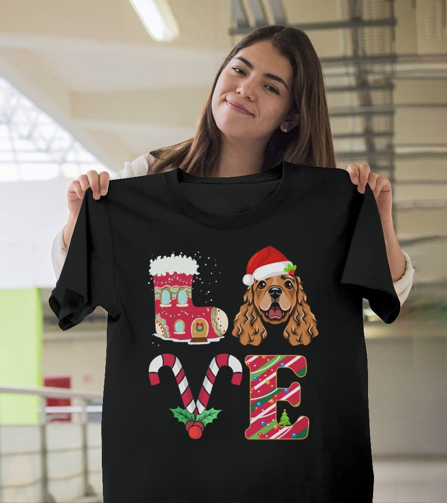 I Love My English Cocker Spaniel Christmas Candy Cane Santa Hat T-Shirt