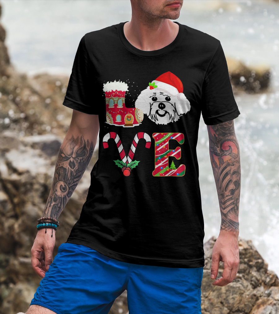 I Love My Maltese Christmas Candy Cane Gingerbread Santa Hat T-Shirt