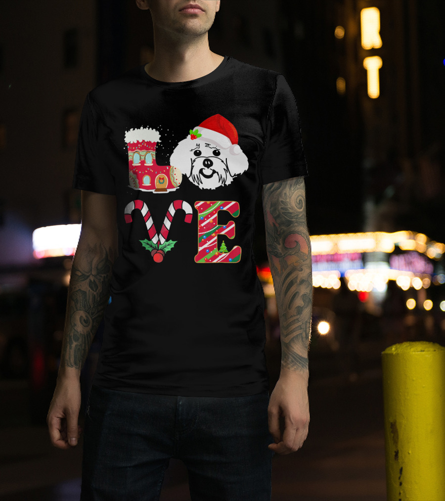 I Love My Maltese Christmas Candy Cane Gingerbread Santa Hat T-Shirt