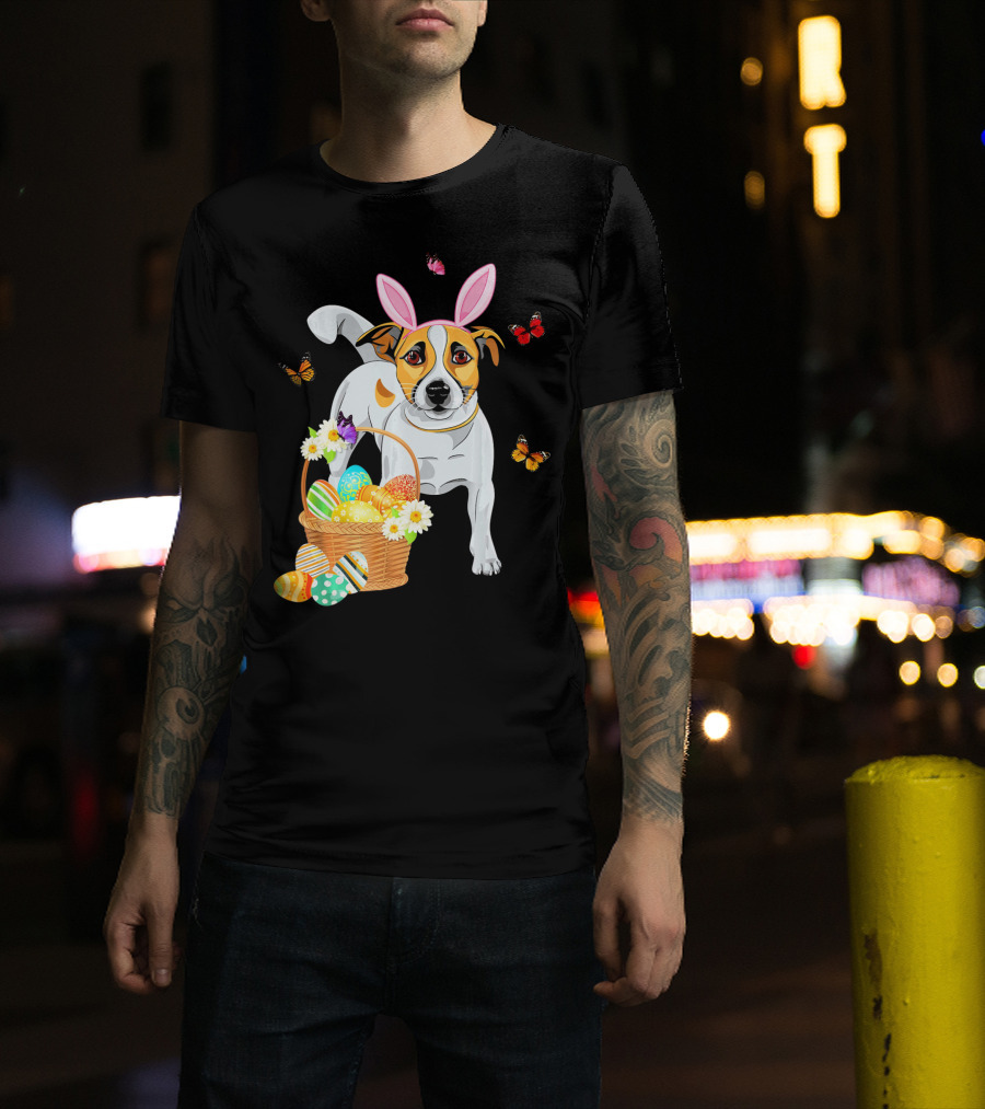 Jack Russell Bunny Hat Easter Eggs Basket Butterflies T-Shirt