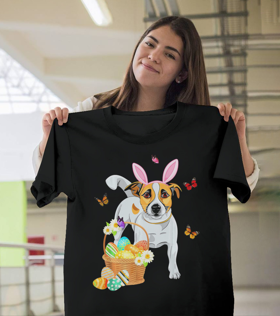 Jack Russell Bunny Hat Easter Eggs Basket Butterflies T-Shirt