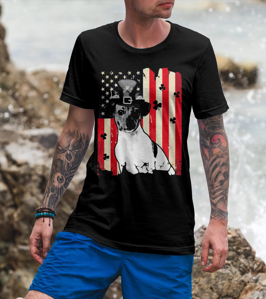 Jack Russell Terrier American Flag St Patricks Day With Shamrocks T-Shirt