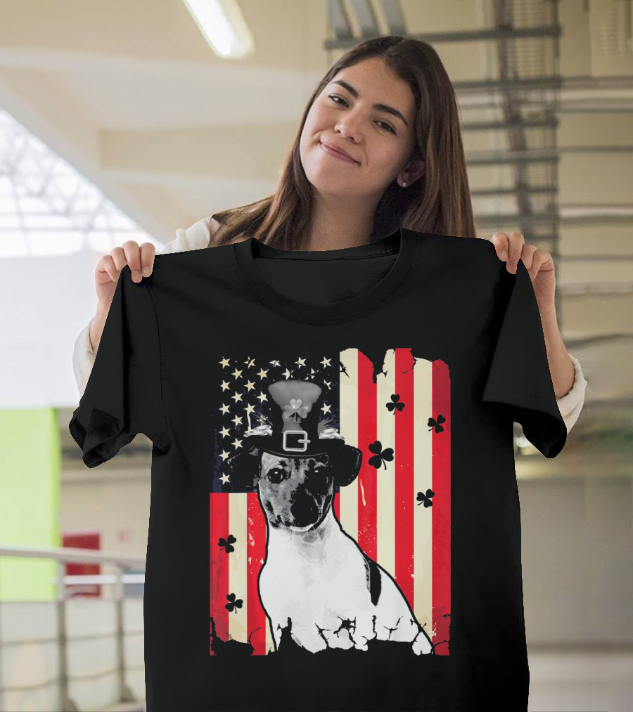Jack Russell Terrier American Flag St Patricks Day With Shamrocks T-Shirt