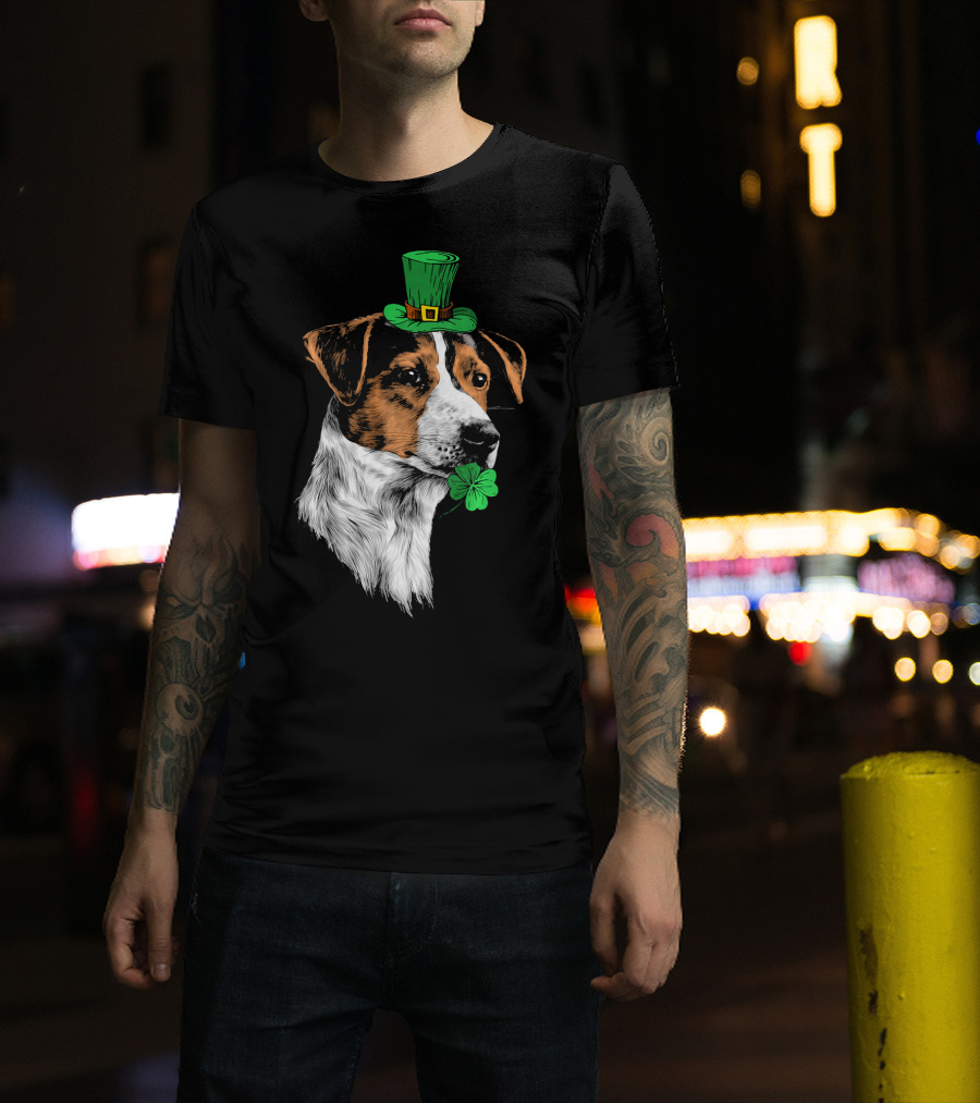 Jack Russell Terrier With Leprechaun Hat And Shamrock St Patrick's Day T-Shirt